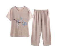 Pyjamas Ensemble 2 Pièces Femme D'été Pyjama T-Shirt À Manches Courtes Et 3/4 Pantacourt Tenue D'intérieur Cotton and Lin Deux Pièces Imprimé Chic Doux Respirant Grande Taille Sleepwear D'intérieur
