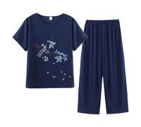 Pyjamas Ensemble 2 Pièces Femme D'été Pyjama T-Shirt À Manches Courtes Et 3/4 Pantacourt Tenue D'intérieur Cotton and Lin Deux Pièces Imprimé Chic Doux Respirant Grande Taille Sleepwear D'intérieur