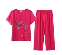 Pyjamas Ensemble 2 Pièces Femme D'été Pyjama T-Shirt À Manches Courtes Et 3/4 Pantacourt Tenue D'intérieur Cotton and Lin Deux Pièces Imprimé Chic Doux Respirant Grande Taille Sleepwear D'intérieur