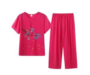 Pyjamas Ensemble 2 Pièces Femme D'été Pyjama T-Shirt À Manches Courtes Et 3/4 Pantacourt Tenue D'intérieur Cotton and Lin Deux Pièces Imprimé Chic Doux Respirant Grande Taille Sleepwear D'intérieur