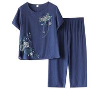 Pyjamas Femme Coton Tie-Dye Décontracté Mi-Long Manches Courtes Pyjama Respirant Raffiné Confortable Chic Souple Détendu Chaleureux Féminin Fluide Floral Vêtements De Nuit Capri Régulier Serein