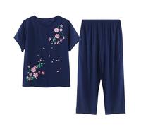 Pyjamas Femme Coton Tie-Dye Décontracté Mi-Long Manches Courtes Pyjama Respirant Raffiné Confortable Chic Souple Détendu Chaleureux Féminin Fluide Floral Vêtements De Nuit Capri Régulier Serein