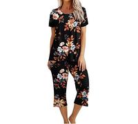 Pyjamas Femmes Ensemble Pyjama Femme Sexy Chic Pyjama 2 Pièces Top À Manches Courtes Et 3/4 Pantacourt 3/4 Printemps Été Décontractée Sleepwear Léger Et Respirant pour Femme Pyjama