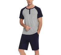 Pyjamas Homme Ete Court Coton Ensembles de Pyjama Tee Shirt Chemise de Nuit Col Rond Manches Courtes Vêtements d'Intérieur Homme Confortable B_Gris+Bleu Marine M
