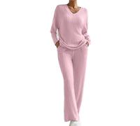 Pyjamas longs pour femmes 2024 Ensemble de pyjama en coton Manches longues tricotées Ensembles de yoga avec vêtements de nuit douillets avec poches 2 pièces Costume de sport pour femmes Ensemble de