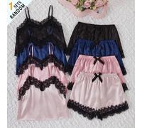 Pyjamas pour filles, boîte mystère 4-en-1, style aléatoire sans doublons, ensemble deux pièces avec short en tissu satiné doux et confortable, patchwork de dentelle élégant, sangle à boucle avec nœud,