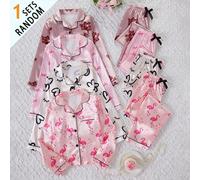 Pyjamas pour filles boîte mystère, ours, flamant rose, nœud rayé, imprimé cœur et cils, 4 ensembles envoyés aléatoirement 1 set, tissu satin doux et confortable, manches longues, pantalon long, tenue