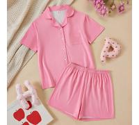 Pyjamas pour filles, ensemble de détente 2 pièces décontracté et confortable avec col à revers ouvert, manches courtes et short, rose classique, avec poche poitrine, cardigan à revers ample et confort