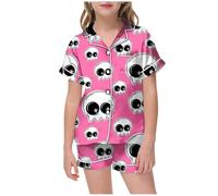 Pyjamas pour Filles Ensemble Pyjama Fille Enfants Satin Loungewear Set Vêtement de Nuit Manches Courtes avec Haut et Short Fashion Mignon Dessin Animé Enfant Ado Le Carnaval la Fête d'halloween