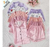 Pyjamas pour filles et jeunes femmes, boîte mystère, comprend 1 set rose avec broderie de poche en jacquard, 1 set orange avec broderie de poche, 1 set rose avec imprimé cœur, 1 set violet avec imprim