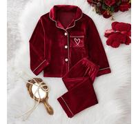 Pyjamas pour filles, tissu polaire coréen doux avec poche et broderie en forme de cœur, haut à manches longues et pantalon, ensemble de 2 pièces de vêtements de nuit 6Y,7Y,4Y,5YGéométriqueTissu tricot