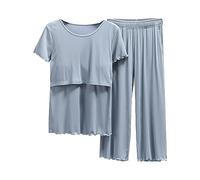Pyjamas pour l'allaitement maternel femmes chemise et ensemble T bébé haut de maternité pantalon court haut de nuit maternité allaitement, bleu, XXL