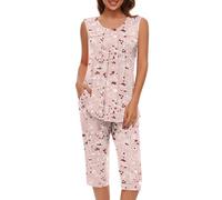 Pyjashort Femme 2 Pcs Ensemble Pijama Summer Coton Loungewear Pas Cher Womens Salon Sets Pyjama Capri Chemise San Manches Pantalon Capri Lingerie Blanc Ensembles Ensemble Pyjama Femme