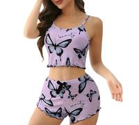 Pyjashort Femme Coton 2 Pcs Sets Pijamas Ete Nuisette Loungewear Confortable Femme Chic Set Pyjama Top San Manches Pantacourt Vêtements De Nuit Bleu Ensembles Pas Cher Pyjama Ete Coton