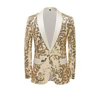 PYJTRL Blazer élégant en Satin pour Homme Motif Floral (L, Champagne Or)