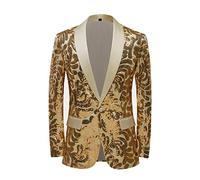 PYJTRL Blazer élégant en Satin pour Homme Motif Floral (S, Or)