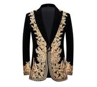 PYJTRL Blazer élégant en Velours Noir avec Broderie dorée pour Homme(L,Revers de Pointe)