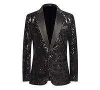 PYJTRL Blazer pour Homme brodé à Paillettes avec col cranté en Strass pour fête de Mariage Bal,Black,S