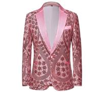 PYJTRL Blazer pour Homme brodé à Paillettes avec col cranté en Strass pour fête de Mariage Bal,Pink,XL