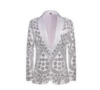 PYJTRL Blazer pour Homme brodé à Paillettes avec col cranté en Strass pour fête de Mariage Bal,Silver,L