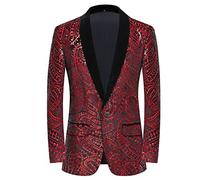 PYJTRL Veste de Costume à Paillettes Brillantes pour Hommes Veste de Costume à Fleurs Classique à la Mode,adaptée aux fêtes,Mariages,banquets,bals,Red,M