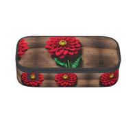 Pyjwyfmy Grande trousse à crayons en bois avec motif floral rouge et dahlia rouge pour bureau, université, grande capacité de rangement