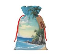 Pyjwyfmy Sac cadeau de Noël imprimé palmier et rivage rocheux, sac d'emballage de Père Noël, sacs cadeaux en toile avec cordons de serrage, sac cadeau