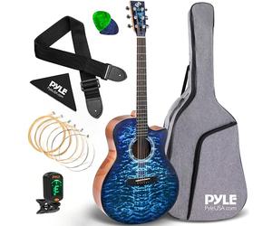 Pyle Blue Ocean Ripple est une guitare acoustique à cordes en acier, dotée d'une table en épicéa massif et d'une finition brillante.Elle est de taille complète et comprend un kit d'accessoires complet