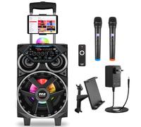 Pyle Portable Bluetooth PA Speaker - 580W 8” Rechargeable Outdoor BT Karaoke Audio System - TWS, Disco Party Lights, LED Display, FM/AUX/MP3/USB/SD, 6.5mm in, Trolley, Wheels - Wireless Mic, Remote