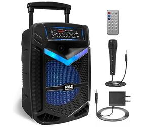 Pyle Enceinte Sono Bluetooth Portable - 1200W, Batterie, Noir Subwoofer et Tweeter LED Éclairage Micro Filaire SD,USB,AUX Radio FM Enregistrement et Roues