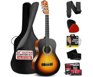 Pyle Ensemble Guitare Acoustique pour Débutants, Instrument en Bois Massif Taille Junior 1/2 pour Enfants et Adultes, 34" Sunburst Teardrop Mat