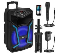Pyle Haut-Parleur Bluetooth PA Portable 800 W Max, Enceinte Karaoke avec Microphone Filaire, Subwoofer 12", Lumières LED, Radio FM, USB/Carte SD MP3, Entrée Micro/Guitare, Batterie Rechargeable, Roues
