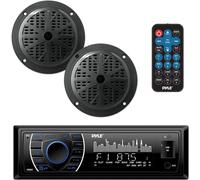 Pyle Kit Autoradio Marin Bluetooth, 2 Enceintes Étanches 13 cm, USB Noir | Bateau et voiture, 1 DIN, FM/AM 30 présélections, AUX 3,5 mm, micro SD 32 Go, microphone façade, 4 canaux, RCA incluses