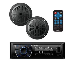 Pyle Kit Autoradio Marin Bluetooth, 2 Enceintes Étanches 13 cm, USB Noir | Bateau et voiture, 1 DIN, FM/AM 30 présélections, AUX 3,5 mm, micro SD 32 Go, microphone façade, 4 canaux, RCA incluses