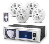 Pyle Kit Autoradio Marin Bluetooth, 4 Enceintes Étanches 16 cm, USB Blanc | Bateau et voiture, 1 DIN, FM/AM 30 présélections, AUX 3,5 mm, micro SD 32 Go, microphone façade, 4 canaux, RCA incluses