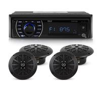Pyle Kit Autoradio Marin Bluetooth, 4 Enceintes Étanches 16 cm, USB Noir | Bateau et voiture, 1 DIN, FM/AM 30 présélections, AUX 3,5 mm, micro SD 32 Go, microphone façade, 4 canaux, RCA incluses