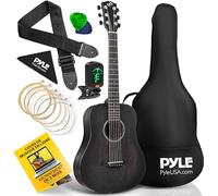 Pyle Kit de Guitare Acoustique Debutant - Guitare Enfant/Adulte-Taille Junior 1/2- Instrument tout en Bois avec Cordes en Acier - 86cm Noir Mat