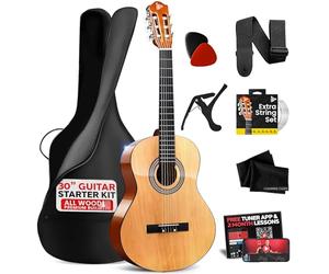 Pyle Kit de guitare acoustique pour débutant, 1/4 de taille junior, instrument à cordes en nylon avec capodastre, sangle, ensemble de cordes supplémentaires, sac de transport, guitares pour adultes et