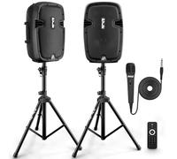 Pyle Kit Enceintes avec 2 Pieds d'Enceintes, Enceintes Actives et Passives de 8”, Enceinte Bluetooth Puissante, Support Enceintes, Microphone Filaire, Lecteurs MP3/USB/SD/AUX, Télécommande