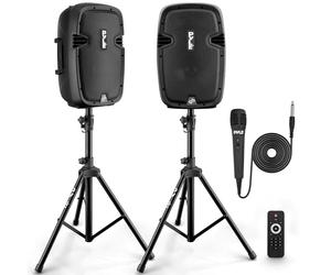 Pyle Kit Enceintes avec 2 Pieds, Haut Parleurs Actives et Passives de, Haut Parleur Bluetooth Puissante, Support Enceintes, Microphone Filaire, Lecteurs MP3/USB/SD/AUX, Télécommande