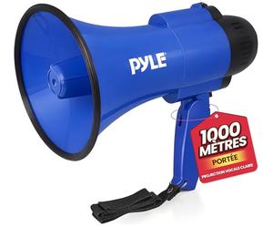 Pyle Mégaphone Compact 30W à Piles avec Sirène - Haut-Parleur Porte-Voix PA, Microphone Intégré, 2 Modes, Poignée Pliable, pour Événements et Sécurité (Bleu)
