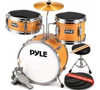 Pyle Set de Batterie Enfant - Kit de Batterie Musique Junior Débutant 3 Pièces avec Grosse Caisse de 33 cm, Caisse Claire, Tom, Cymbale, Siège Réglable, Sourdines, Baguettes, Naturel