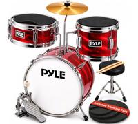 Pyle Set de Batterie Enfant - Kit de Batterie Musique Junior Débutant 3 Pièces avec Grosse Caisse de 33 cm, Caisse Claire, Tom, Cymbale, Siège Réglable, Sourdines, Baguettes, Rouge