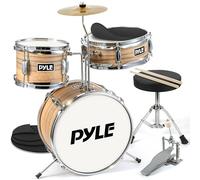 Pyle Set de Batterie Enfant - Kit de Batterie Musique Junior Débutant 3 Pièces avec Grosse Caisse de 33 cm, Caisse Claire, Tom, Cymbale, Siège Réglable, Sourdines, Baguettes, Naturel