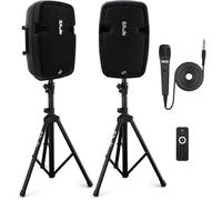 Pyle Kit Enceintes avec 2 Pieds, Haut Parleurs Actives et Passives de, Haut Parleur Bluetooth Puissante, Support Enceintes, Microphone Filaire, Lecteurs MP3/USB/SD/AUX, Télécommande