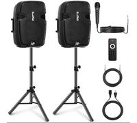 Pyle Système PA 1800 W - Kit Complet - Haut-parleurs avec Microphone, boîte de fête Bluetooth, Haut-Parleur DJ avec 2 Supports de boîte, USB/SD/MP3/AUX, télécommande, Haut-parleurs Actifs/passifs