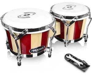 PYLE Tambour Bongo Fait à La Main, Bongos Instruments - Paire de Tambours en Bois, 16,5 cm et 19 cm
