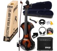 Pyle Violon Électrique Taille Complète - Violon en Bois Massif 4/4 avec Ensemble Amplificateur, Étui en Mousse, Accessoires en Ébène, Archet en Bois Brésilien, Cordes Supplémentaires