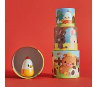 Janod - Ma Première Pyramide - Animaux de la Ferme - Jouet d'Éveil - 5 Cubes à Empiler + 1 Poule en Bois - Développe Dextérité et Imagination - Dès 12 Mois,J03310, Vert/Rose