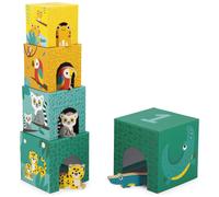 Janod - Ma Première Pyramide - Thème Animaux Tropicaux - Jouet d'Éveil - 5 Cubes à Empiler + 5 Animaux en Bois - Développe Dextérité et Imagination - Dès 12 Mois